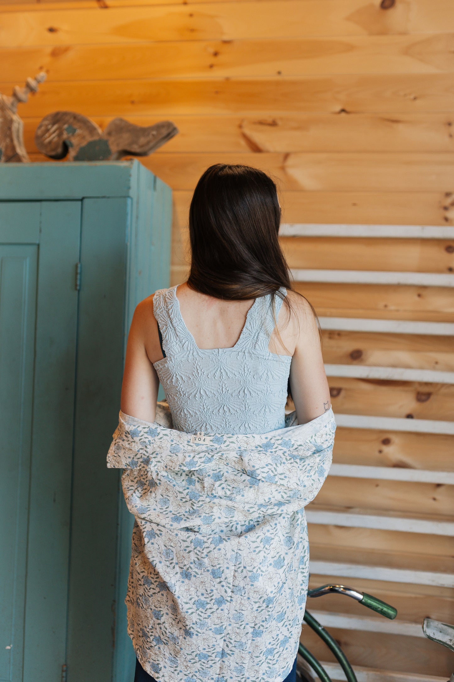 Ivory Button Up With Blue Flowers