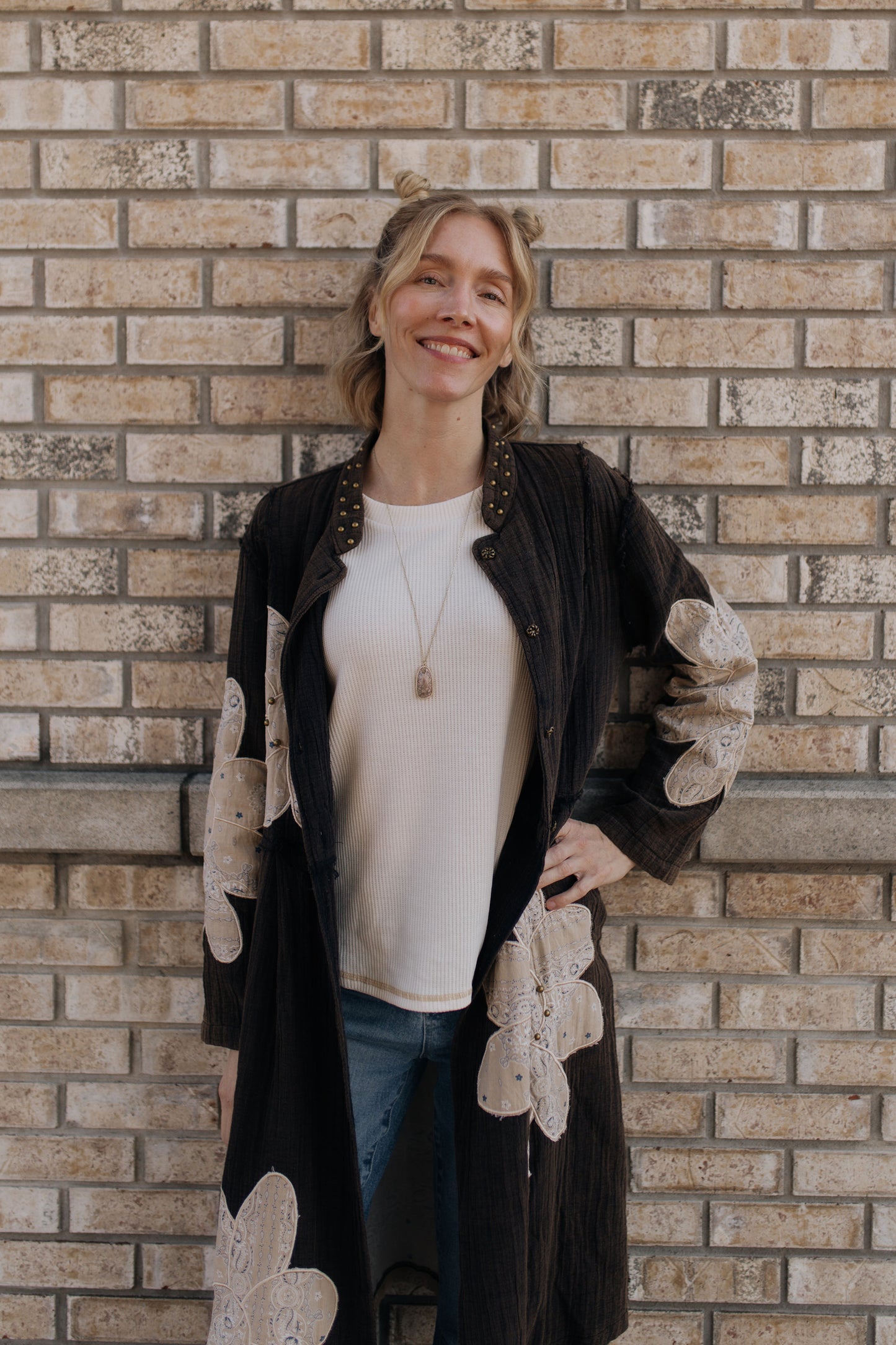 Espresso Floral Print Stud Long Jacket Top