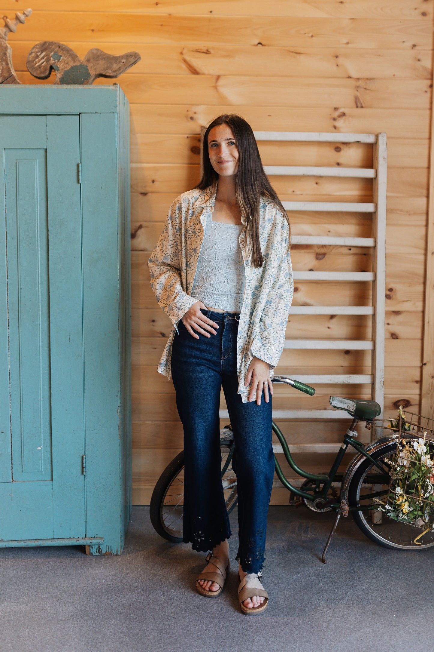 Ivory Button Up With Blue Flowers
