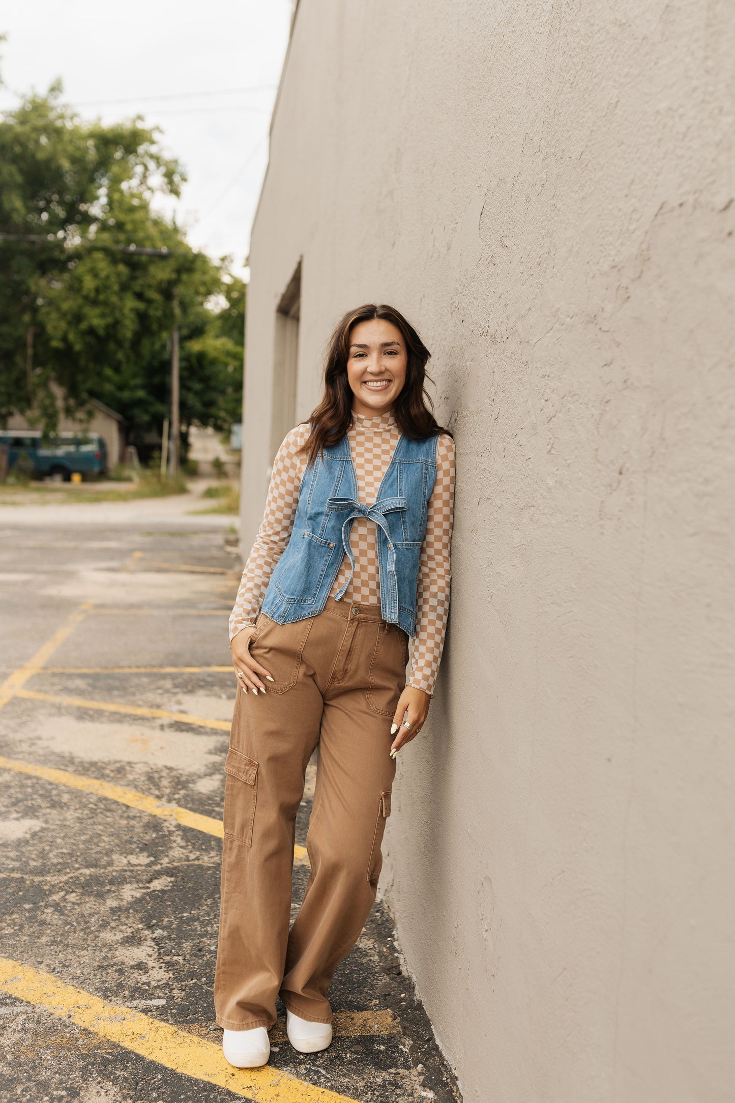 Taupe Checkerboard Mesh Top