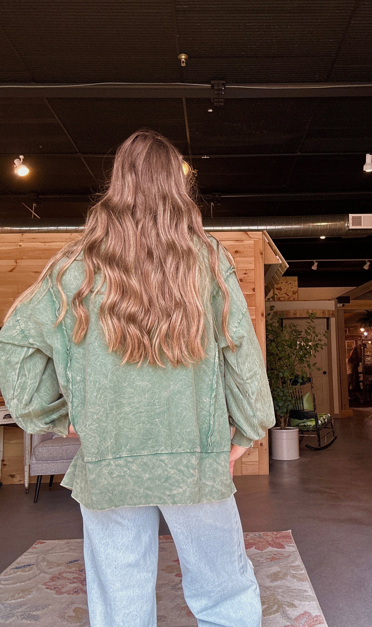 Dark Green Lace Pocket Crewneck