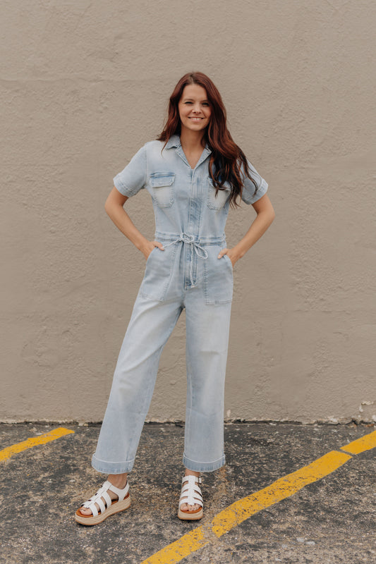 Light- Wash Denim Coveralls