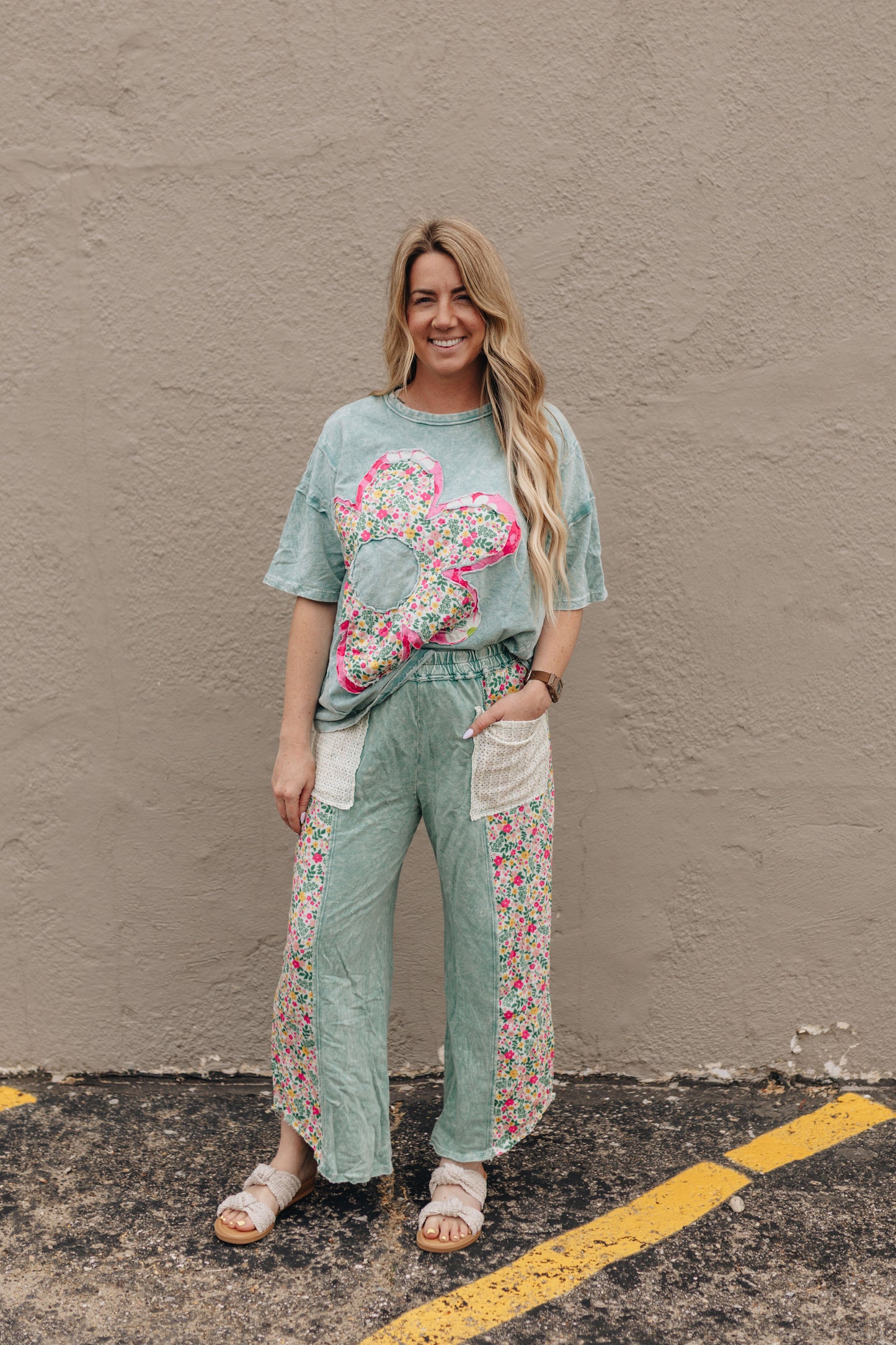 Mineral Wash Cyan Floral Top