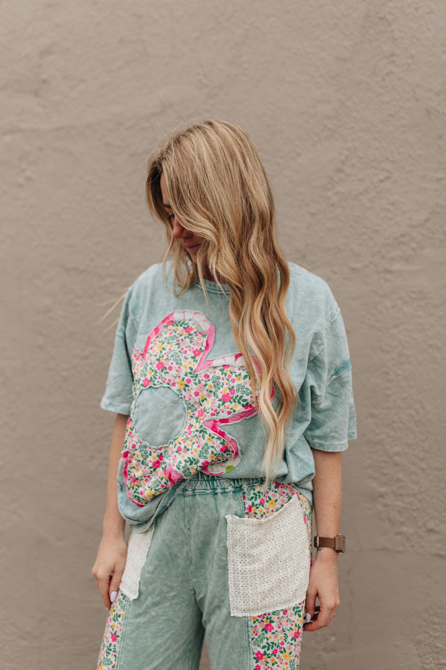 Mineral Wash Cyan Floral Top
