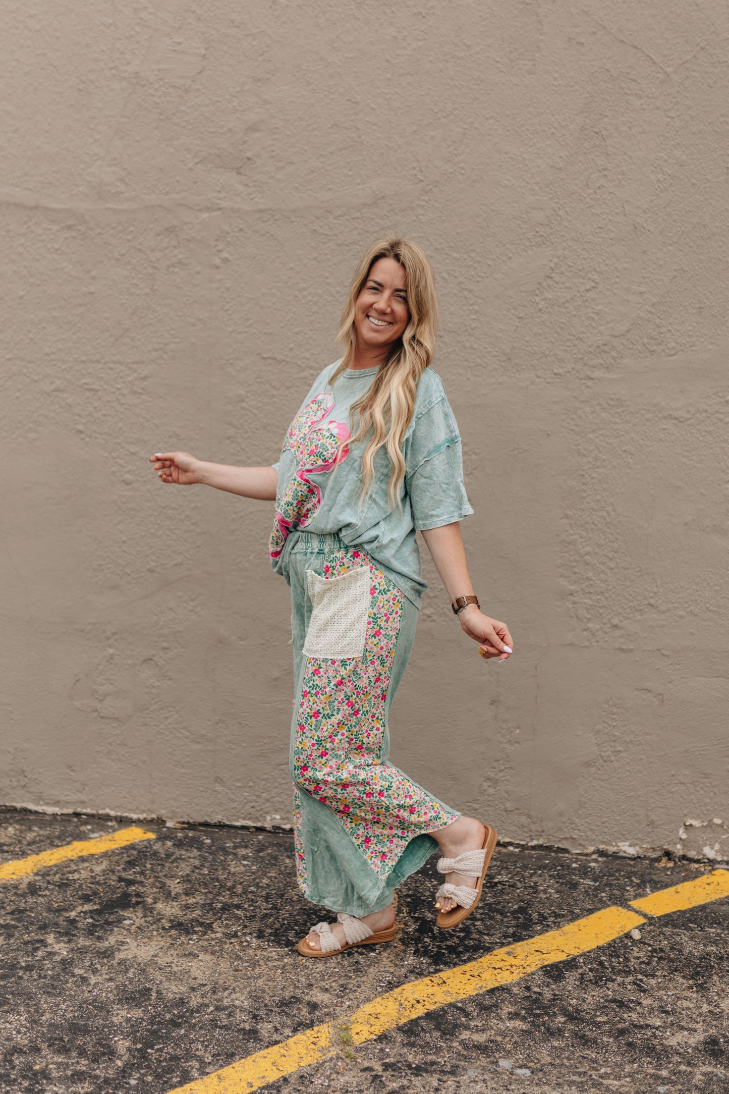 Mineral Wash Cyan Floral Top