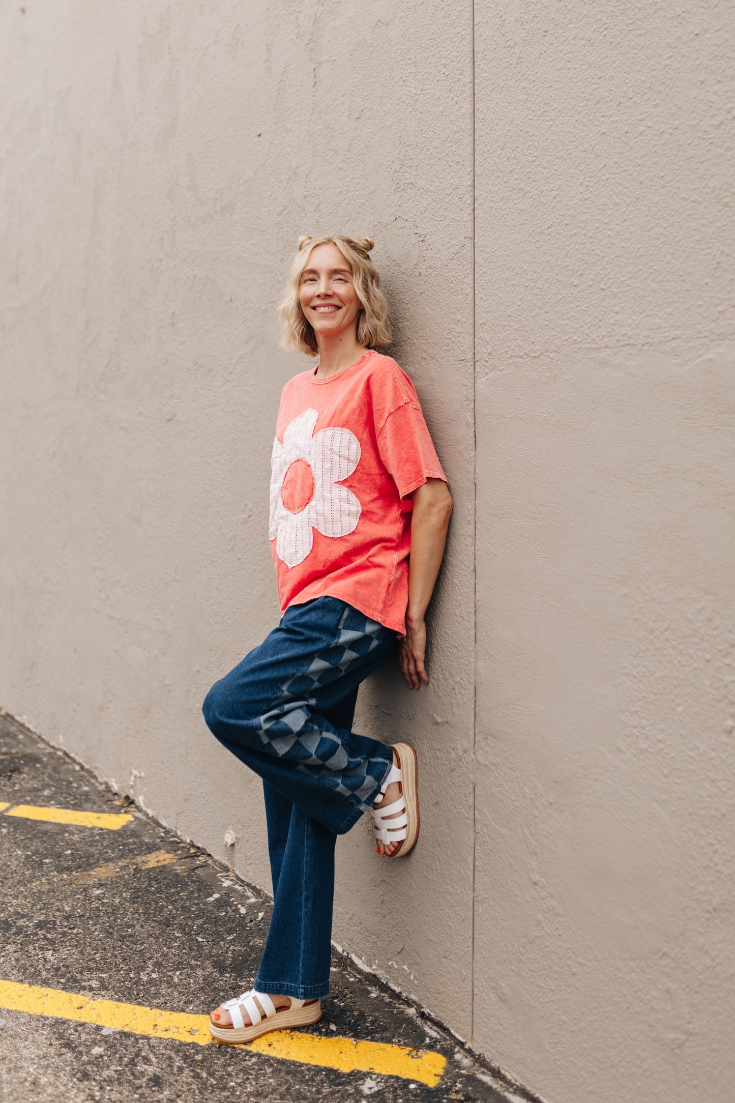 Long Denim Checker Side Pants