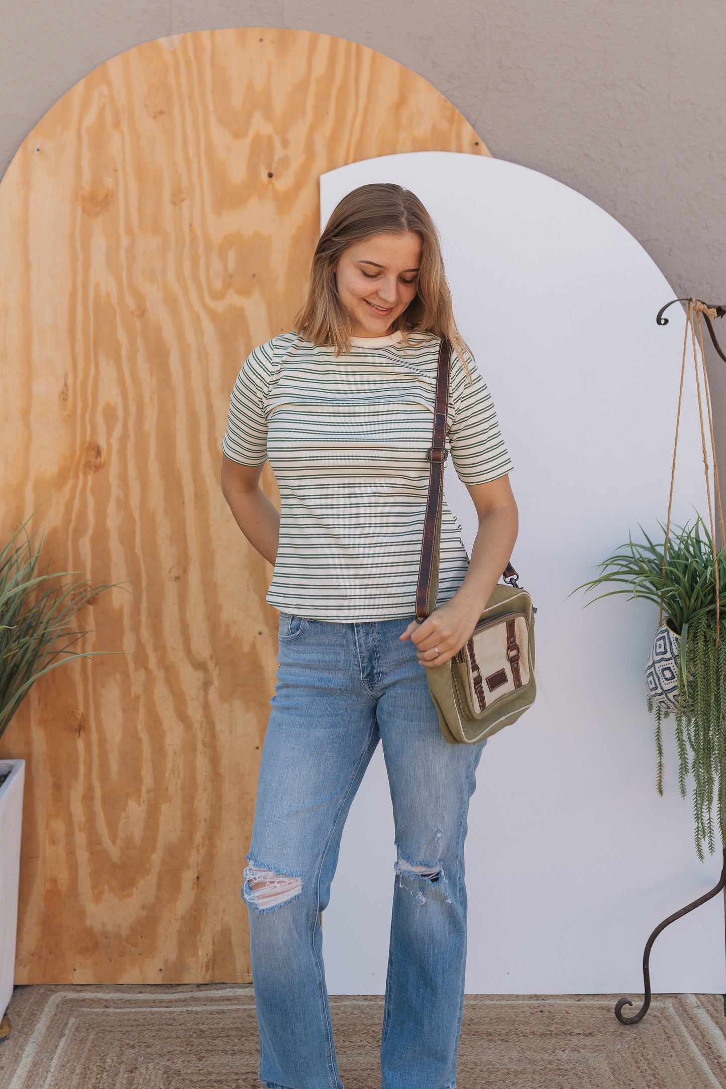 Cream & Green Stripe Top