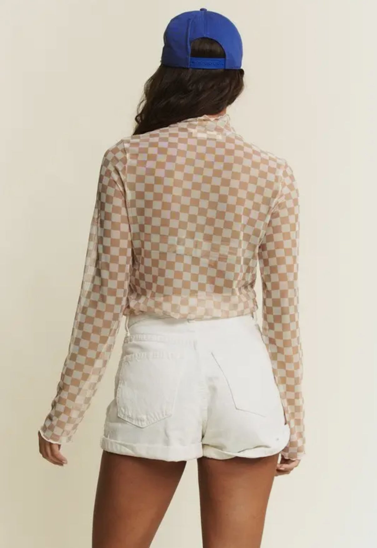 Taupe Checkerboard Mesh Top
