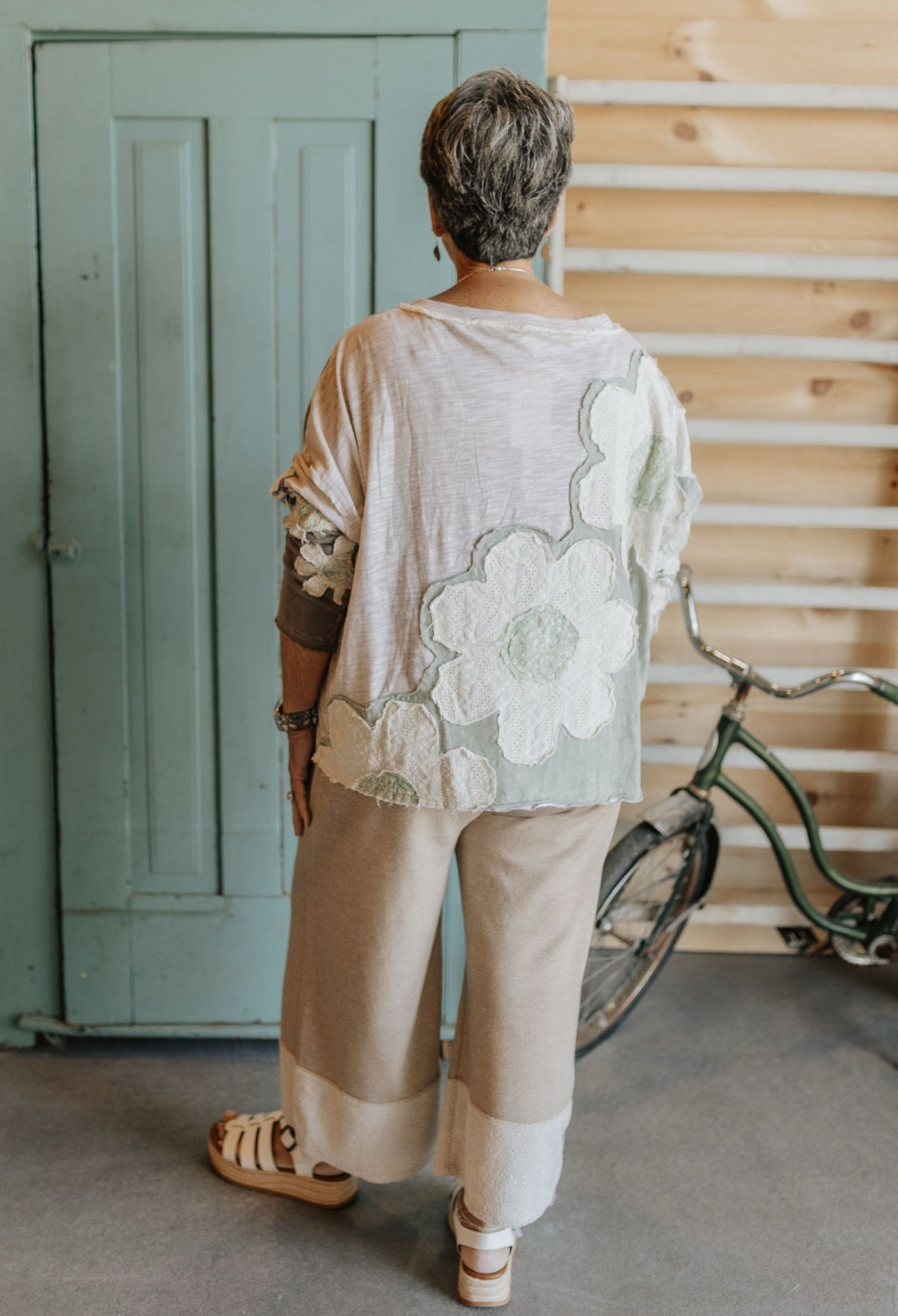 Washed Eyelet Patchwork Long Sleeve Knit Top