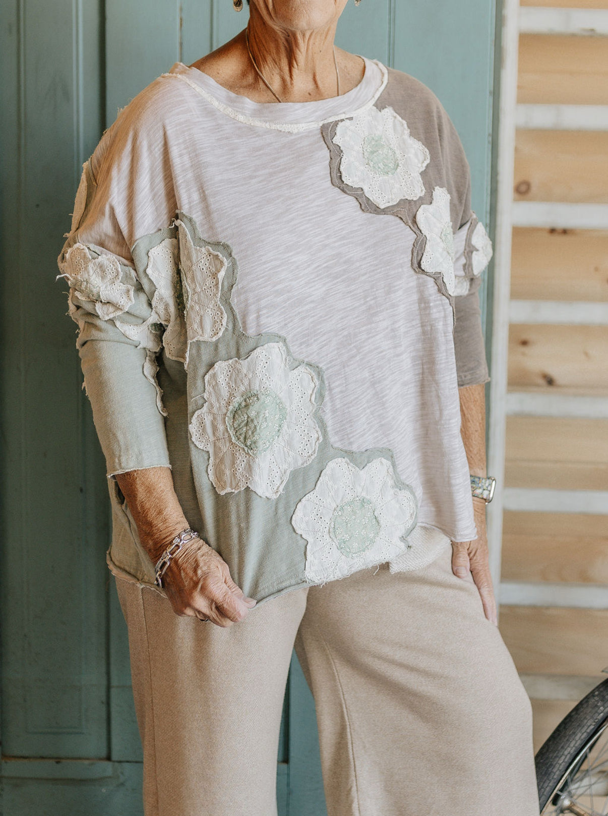 Washed Eyelet Patchwork Long Sleeve Knit Top