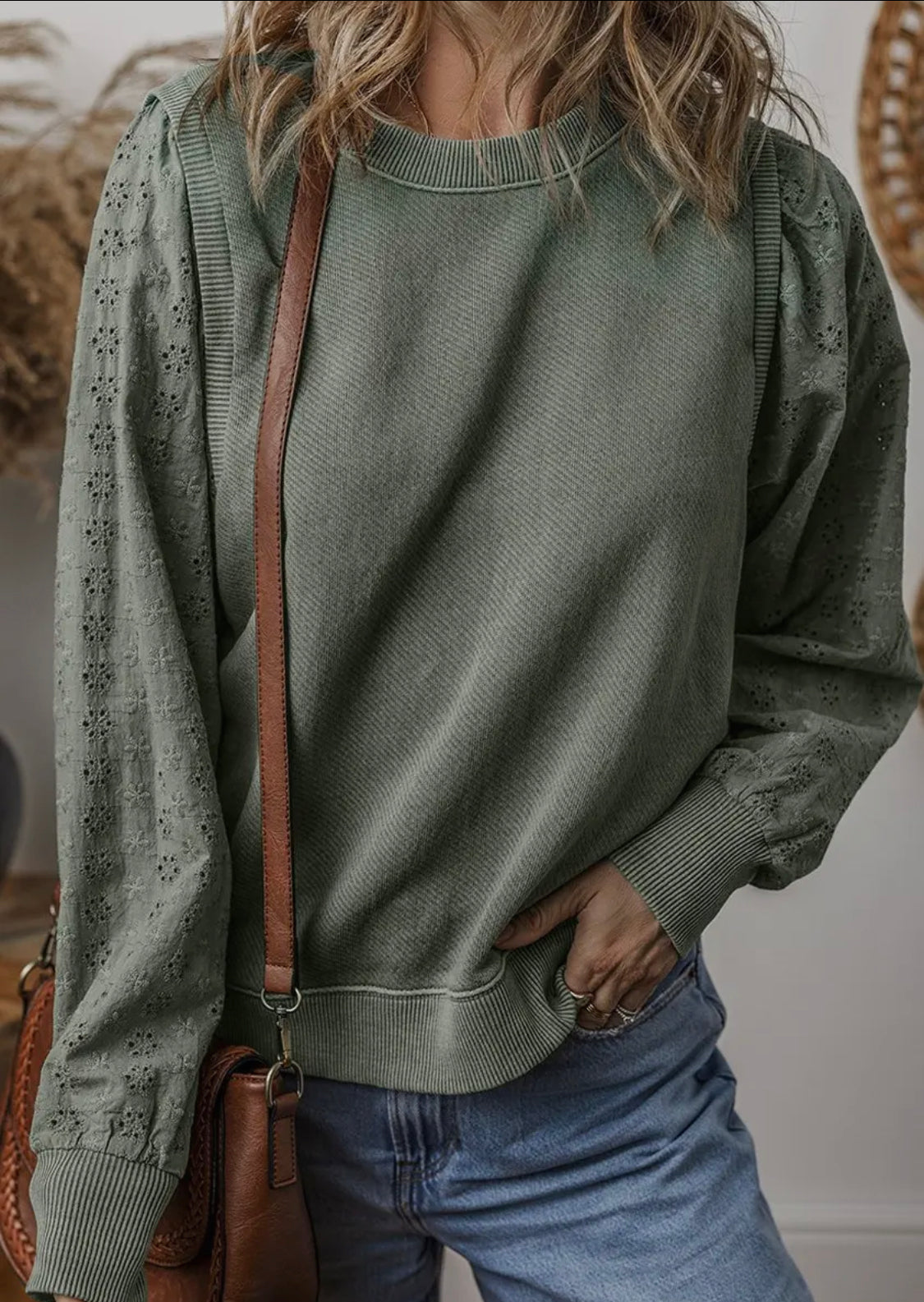 Green Top with Textured Sleeve