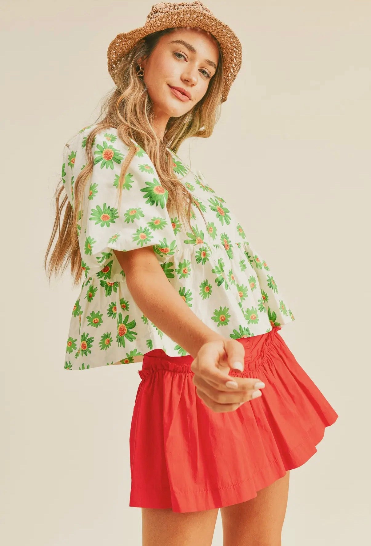 Floral Bubble Sleeve Babydoll Top