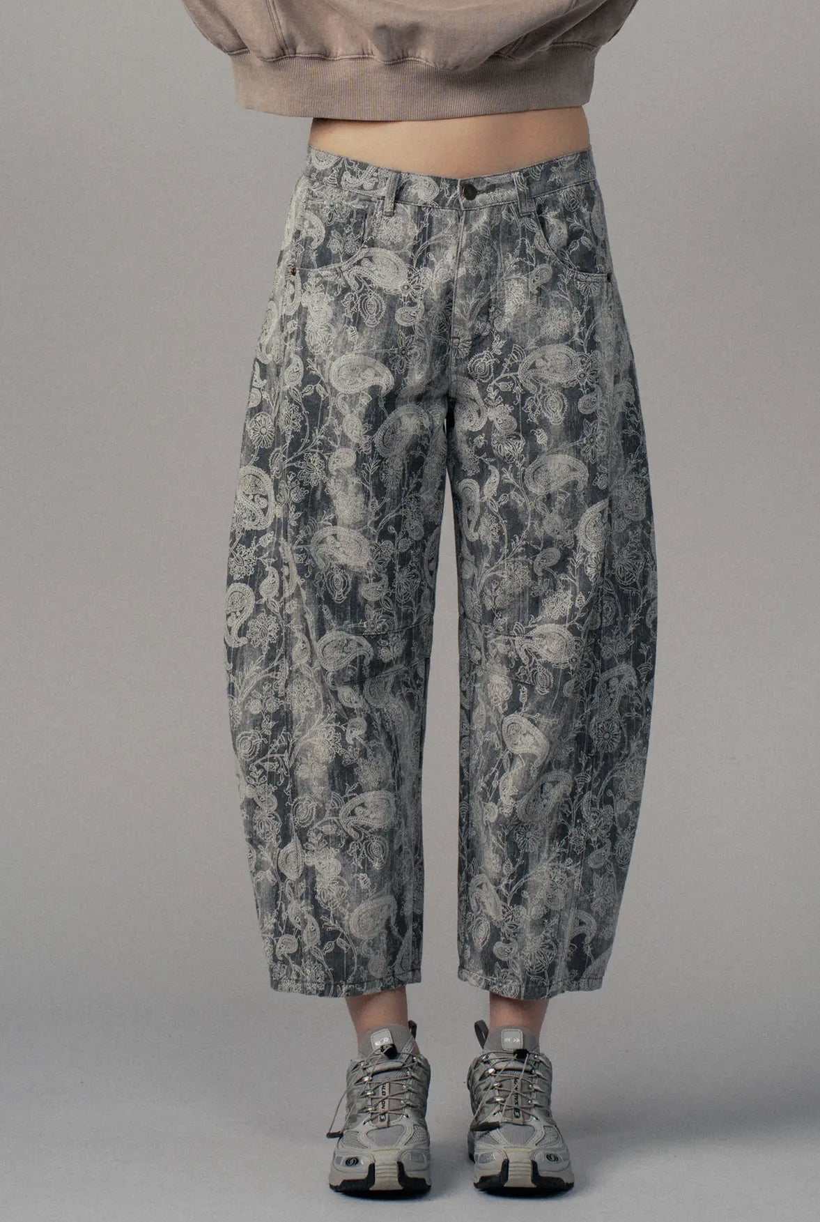 Grey Paisley Barrel Pants