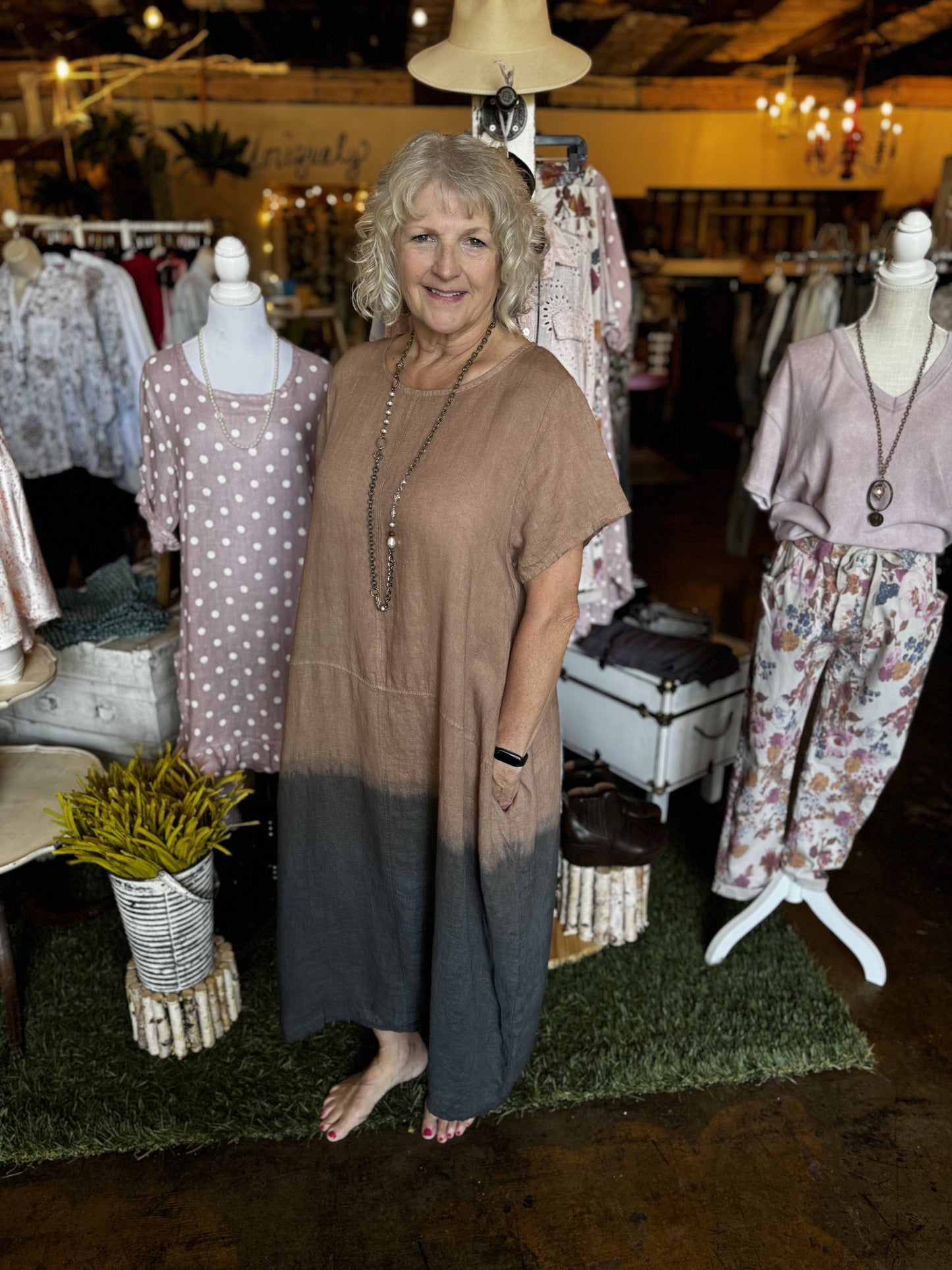 Taupe Two Toned Linen Dress