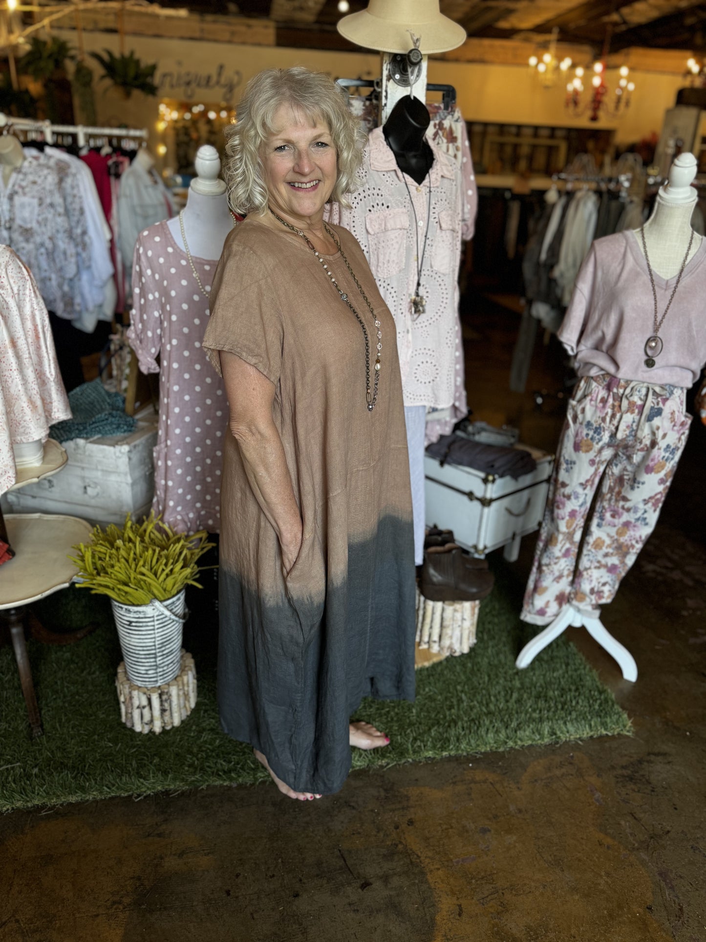 Taupe Two Toned Linen Dress