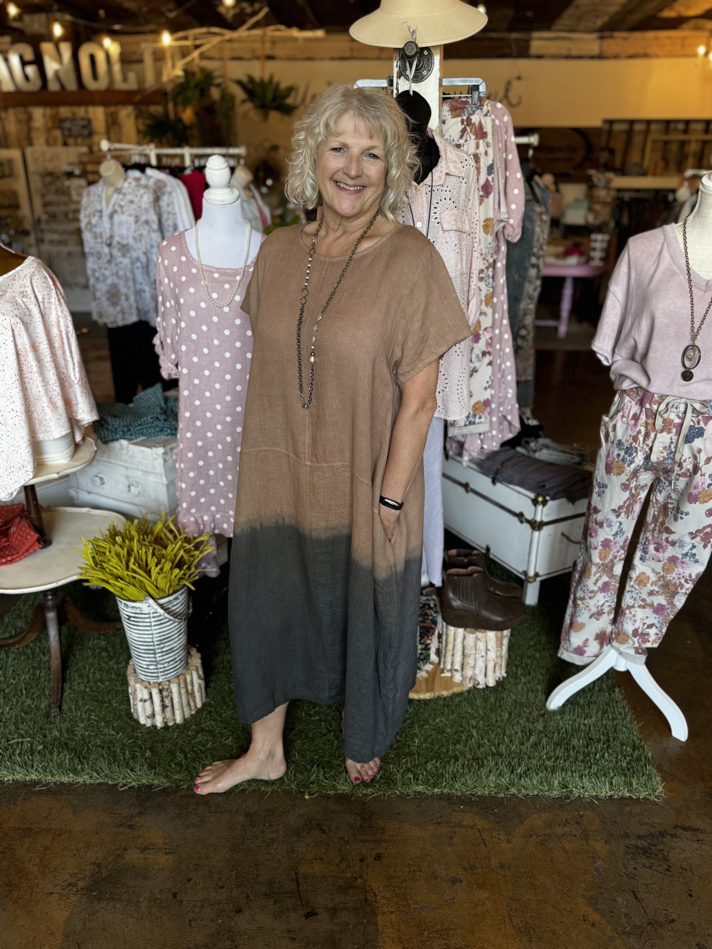 Taupe Two Toned Linen Dress