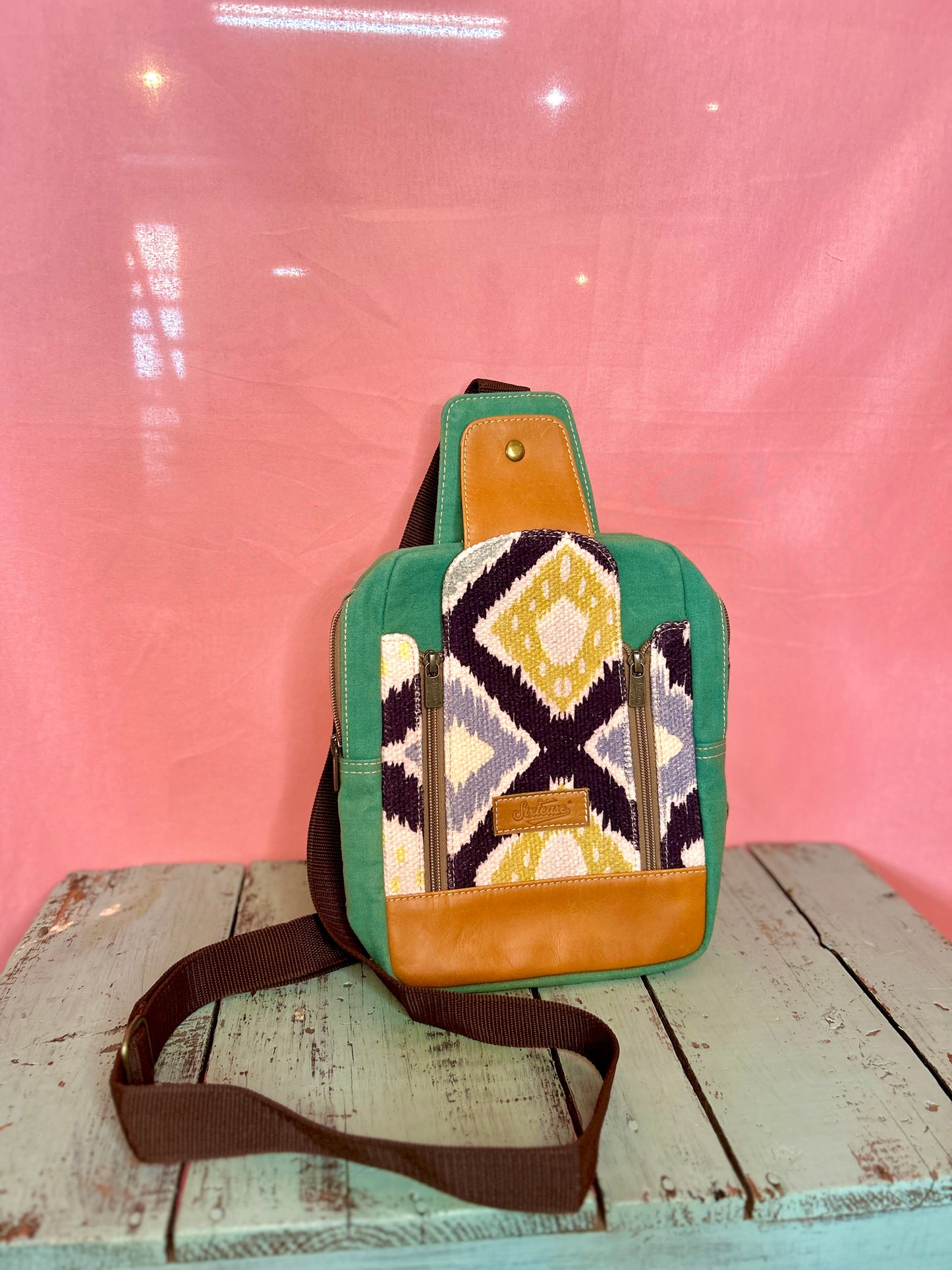 Teal and Green Pattern Strap Purse