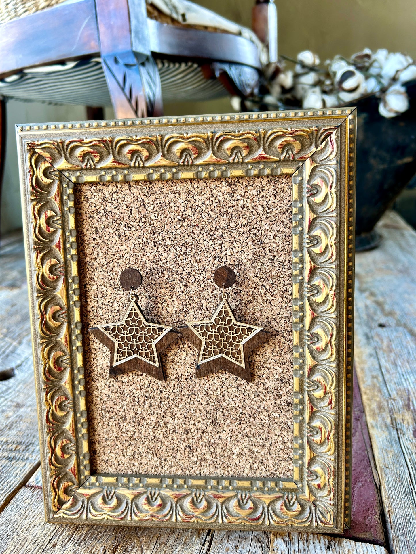 Wooden Gold Star Earrings