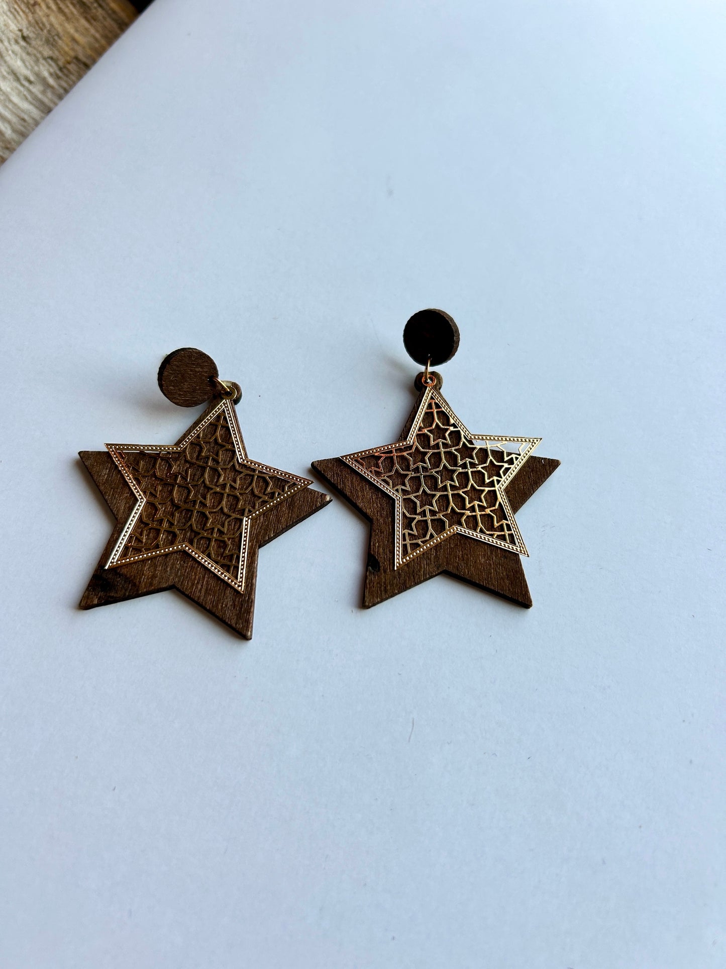Wooden Gold Star Earrings