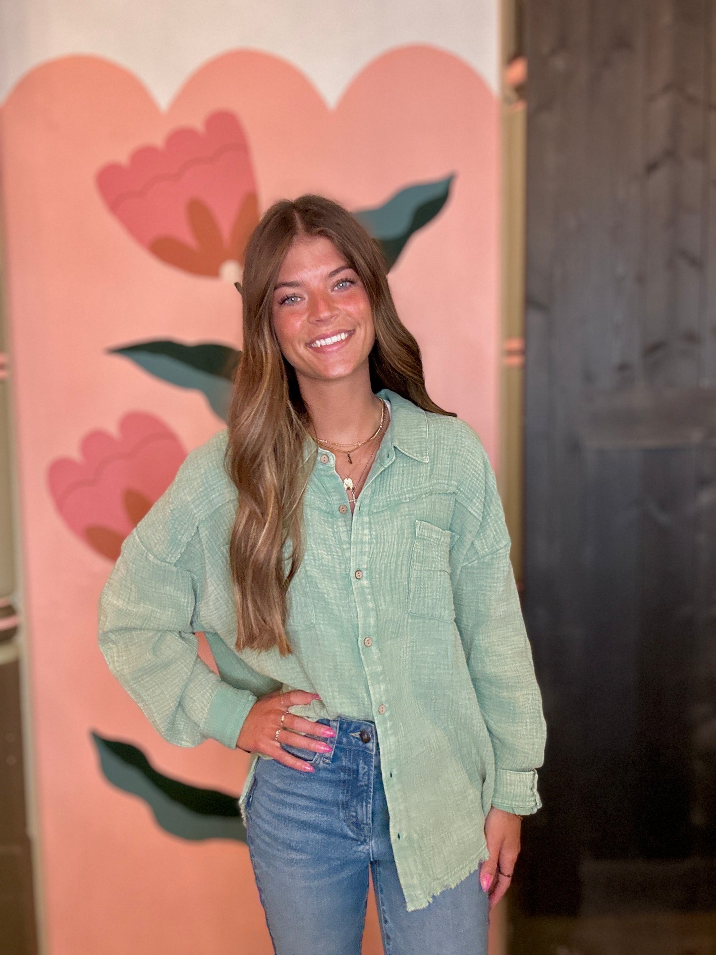 Sage Green Mineral Wash Button Up