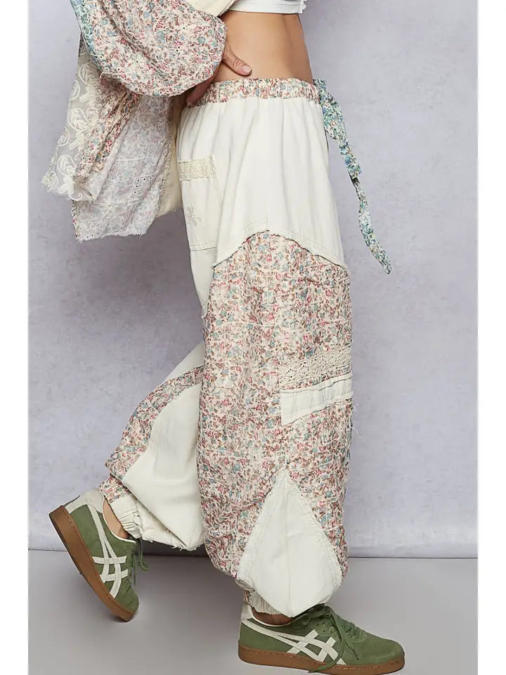 Oatmeal Floral Print Patchwork Jogger Pants