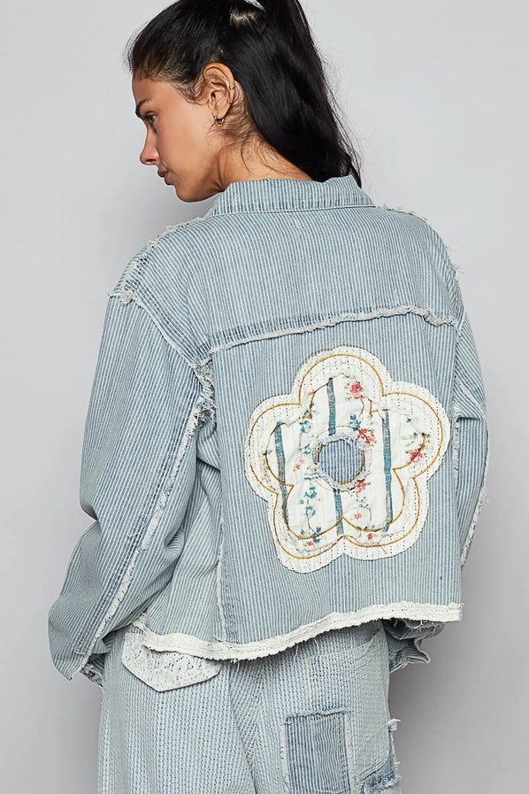 Pin Stripe Floral Denim Jacket