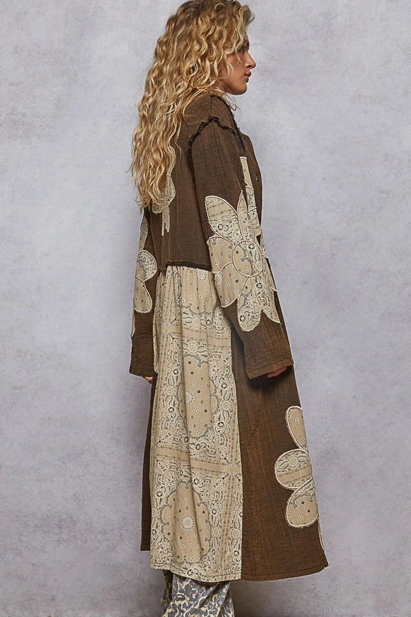 Espresso Floral Print Stud Long Jacket Top