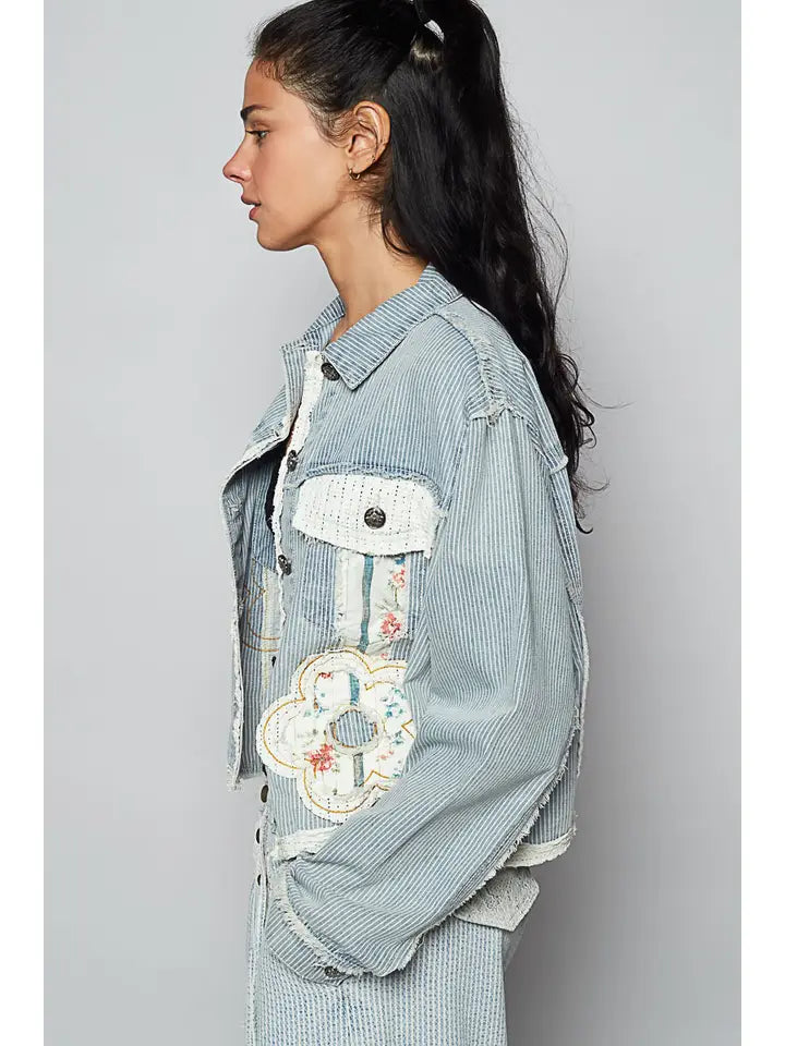 Pin Stripe Floral Denim Jacket