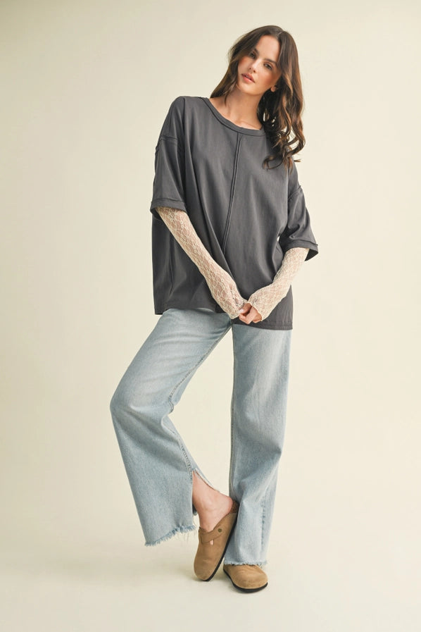 Graphite Top With Lace Sleeve