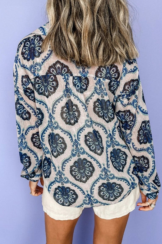Boho Blue Long Sleeve Buttoned Shirt