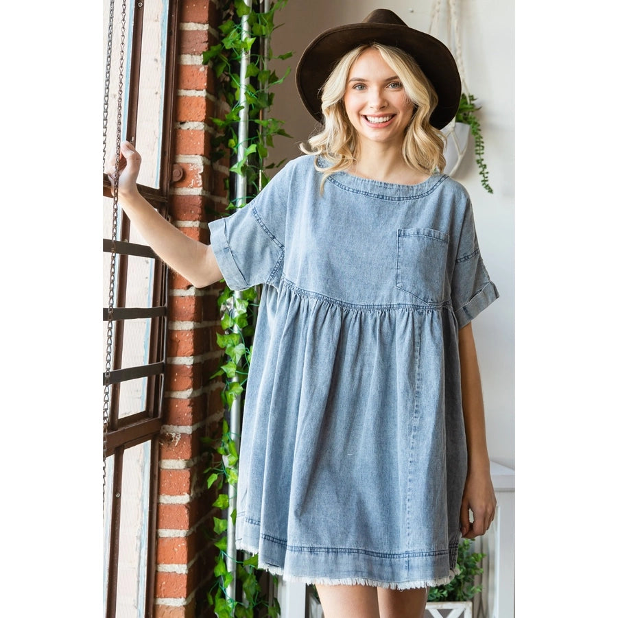 Pleated Denim Dress