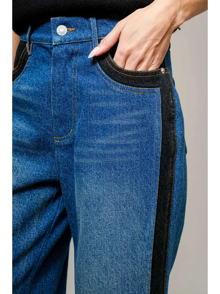 Two Tone Panel Wide Denim Jeans