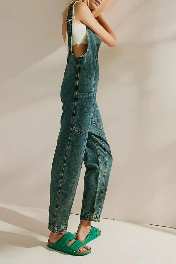 Scoop Neck Denim Jumpsuit - Teal