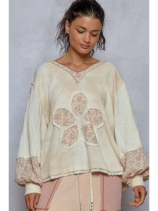 Gauze Flower Patch Thermal Hoodie Knit Top