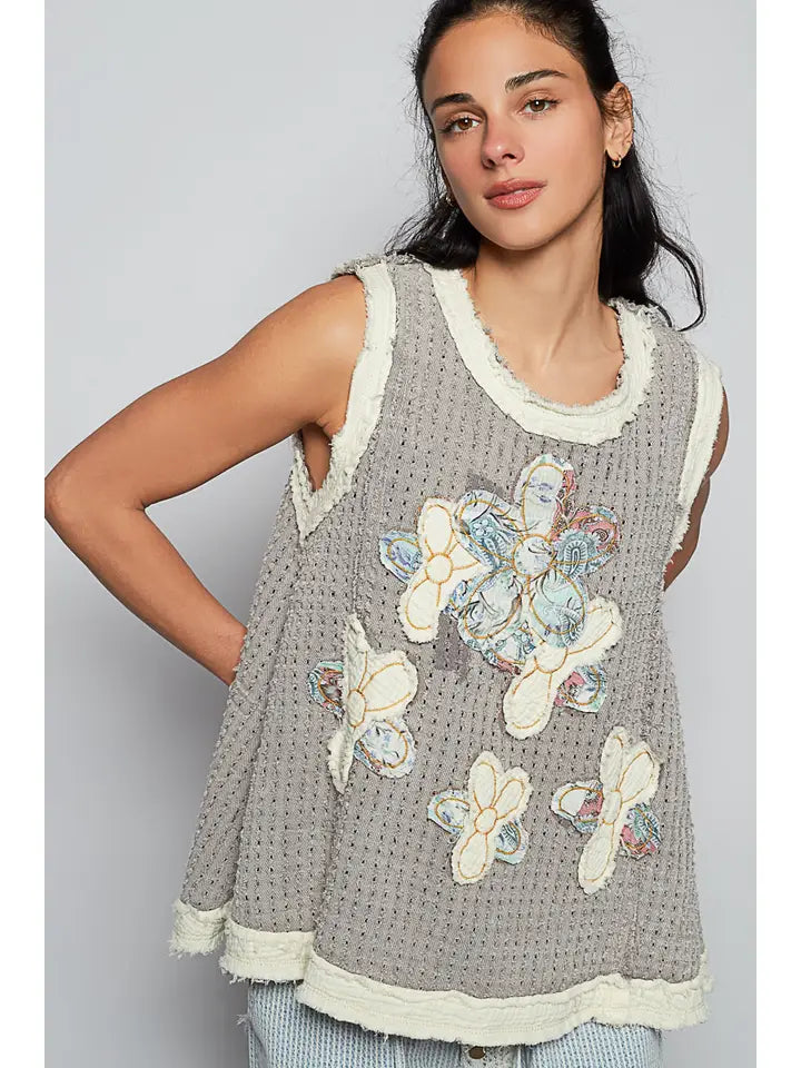 Grey Floral Gauze Tank