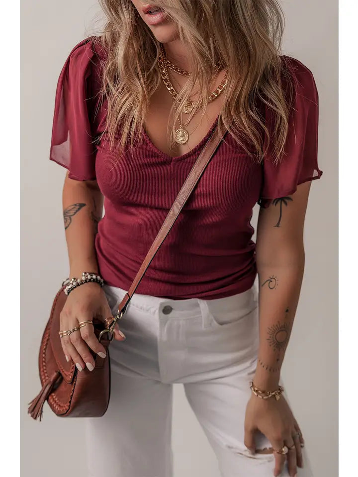 Wine Red Flutter Sleeve Top