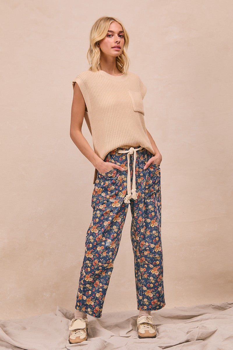 Mineral Wash Floral Print Denim