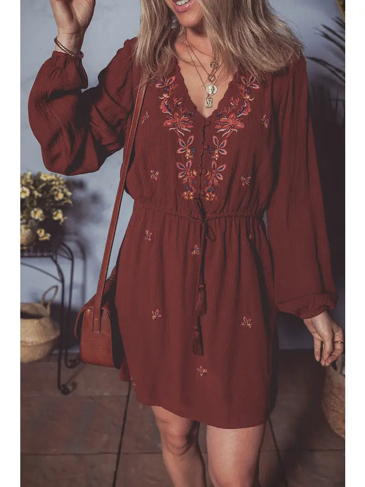 Burgundy Embroidered Floral Dress