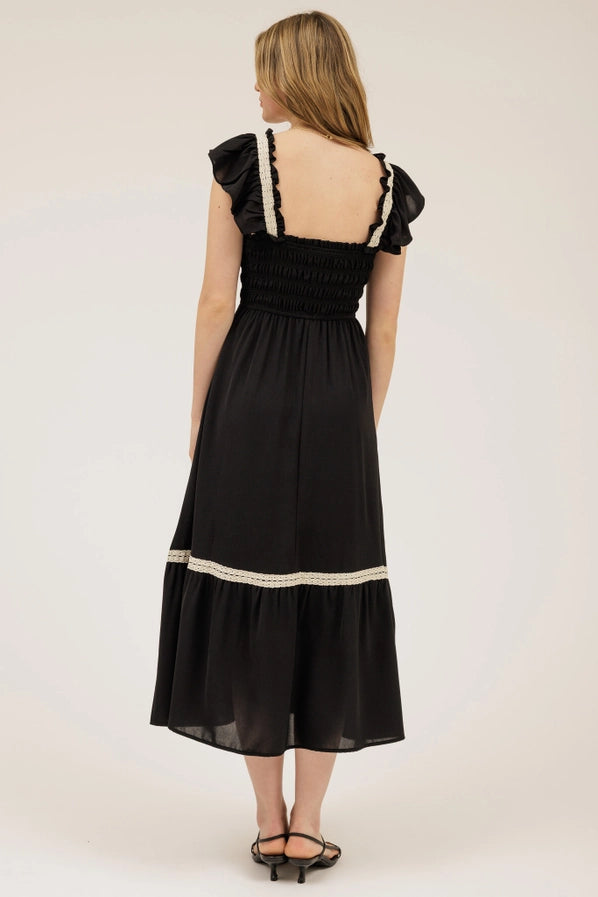 Contrast Detail Smocked Ruffle Midi Dress