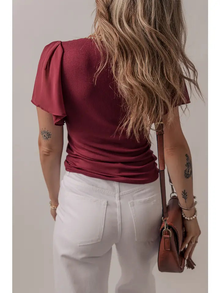 Wine Red Flutter Sleeve Top
