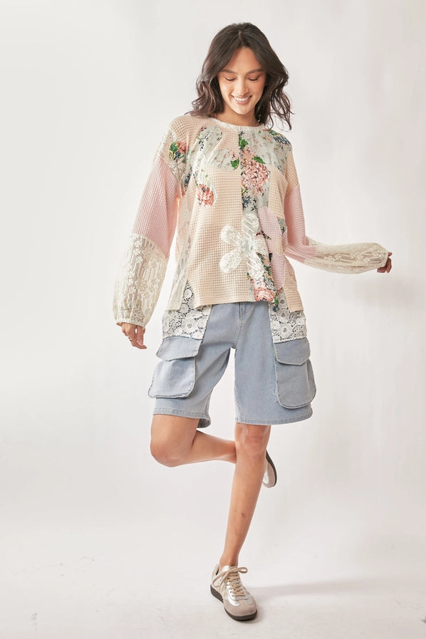 Beige Floral Patch Top