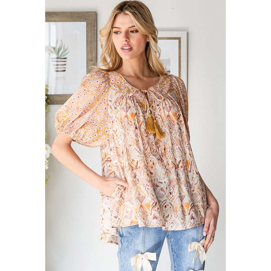 Floral Mixed Printed Puff Short Sleeve Blouse