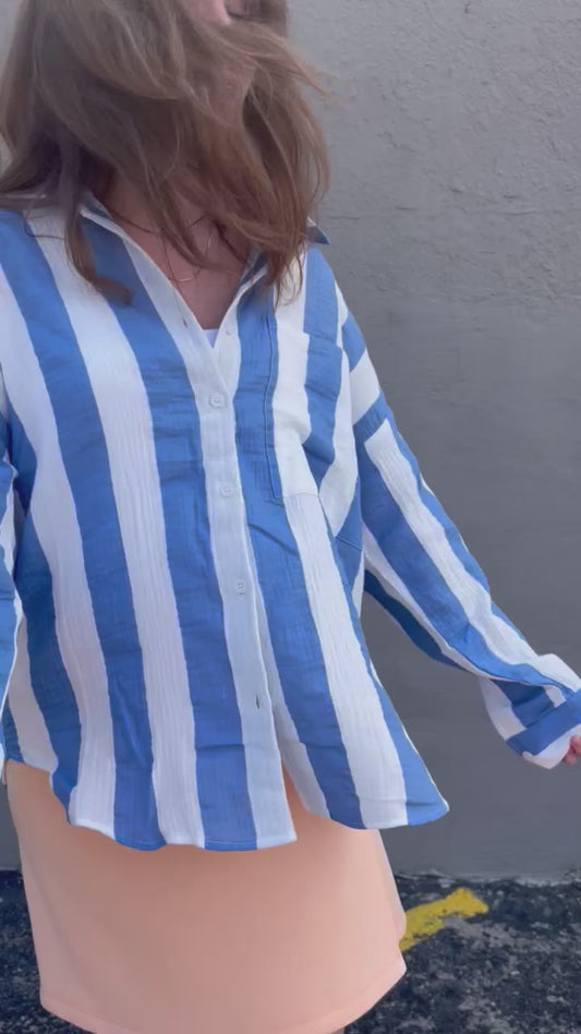 Blue & White Wide Stripe Button Down