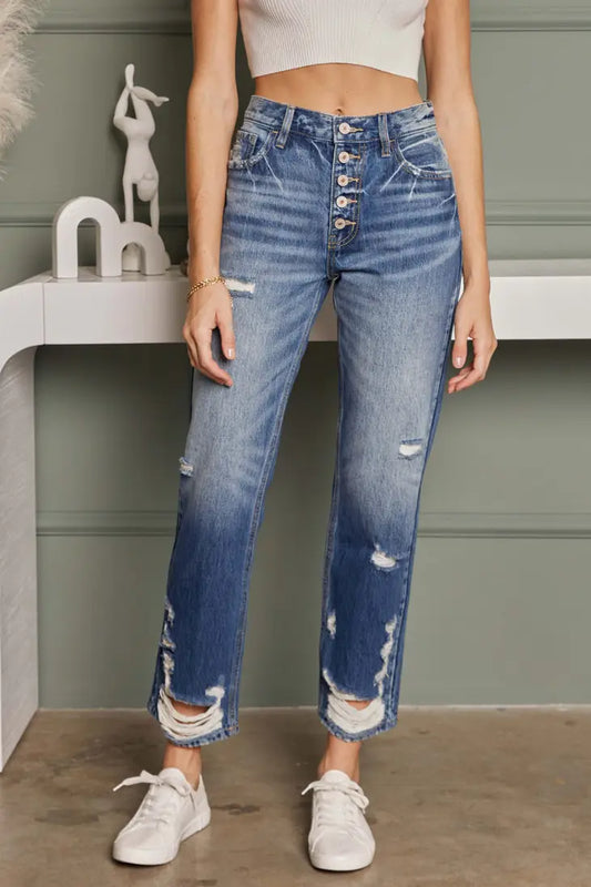 High Rise Distressed Straight Fit Denim