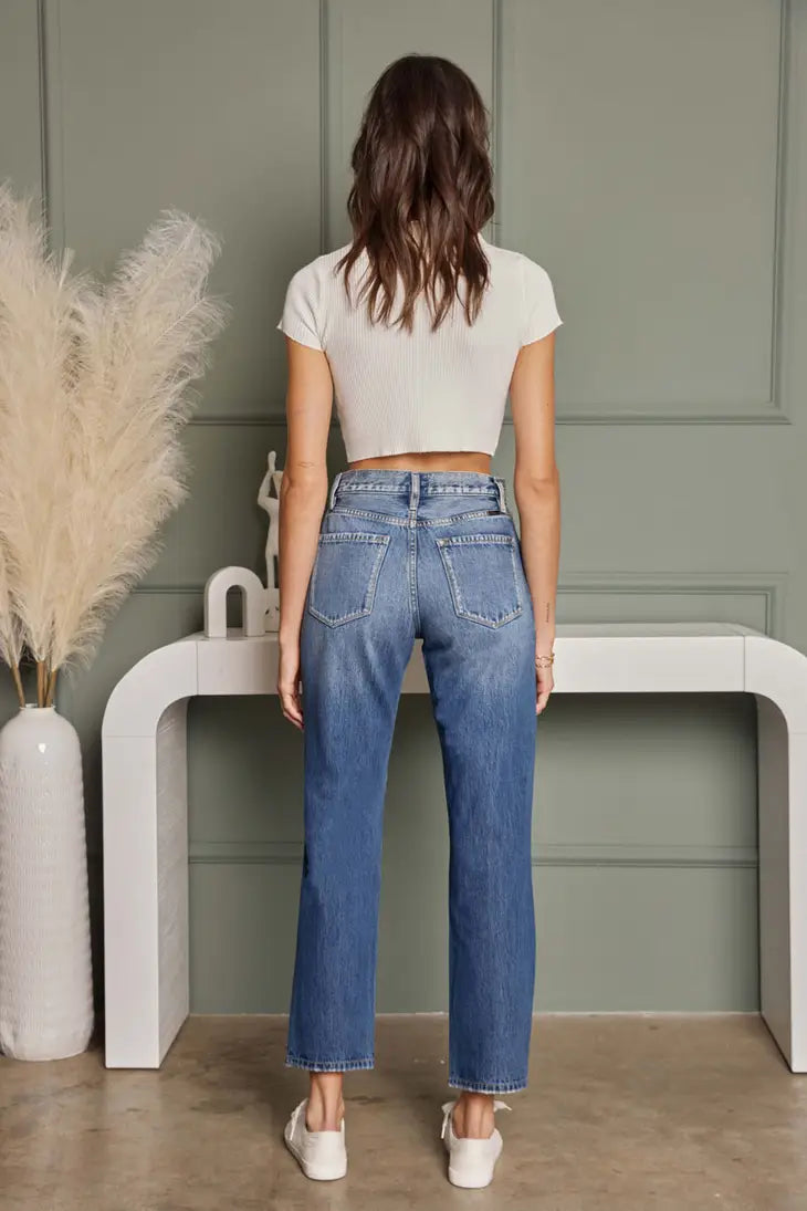 High Rise Distressed Straight Fit Denim