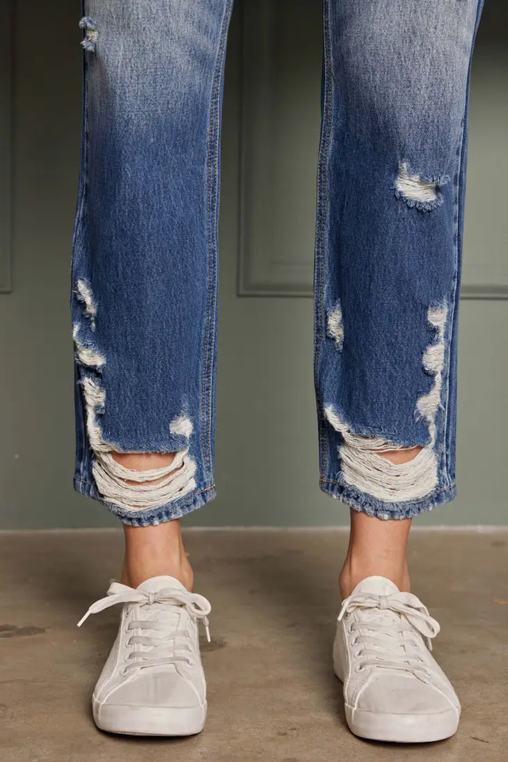 High Rise Distressed Straight Fit Denim