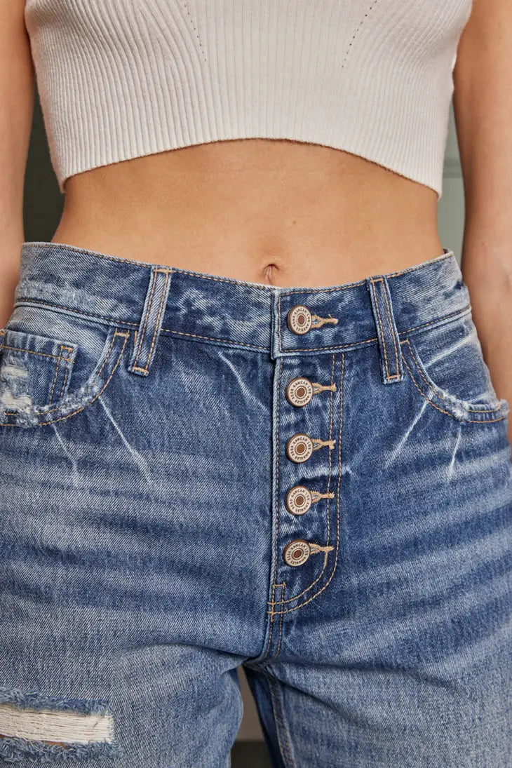 High Rise Distressed Straight Fit Denim
