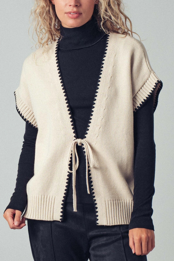 Ivory Crochet Trim Tie Front Knit Vest