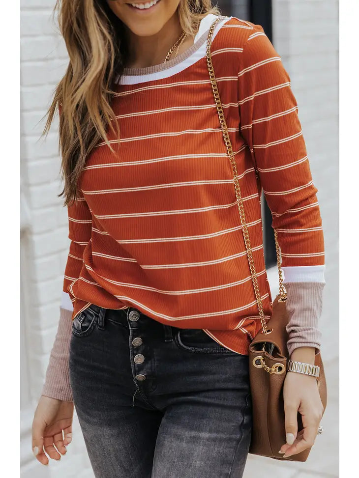 Rust Striped longsleeve with color block cuffs