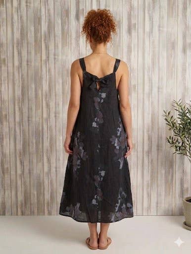 Linen Dress Tie on Back, Floral Print: Navy